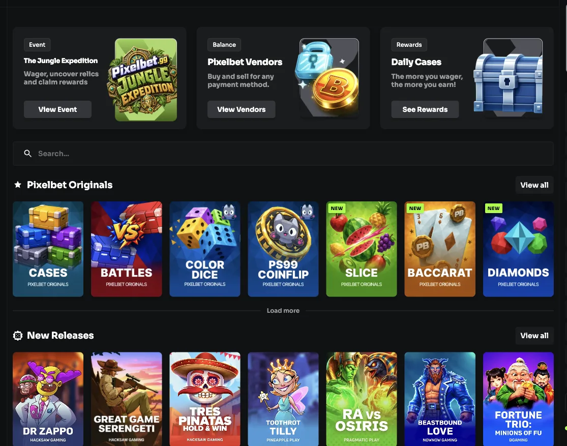 Lobby Pixelbet z siatką Originals i panelem Codziennego wyścigu (interfejs angielski), zapisano na pixelbet.gg, 7 września 2026
